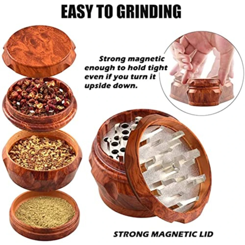 Herb Grinder Wooden 4 Piece Grinder Spice Mini Crusher Mill with Pollen Catcher and Magnetic Lid 40mm Smoke Crusher Hand