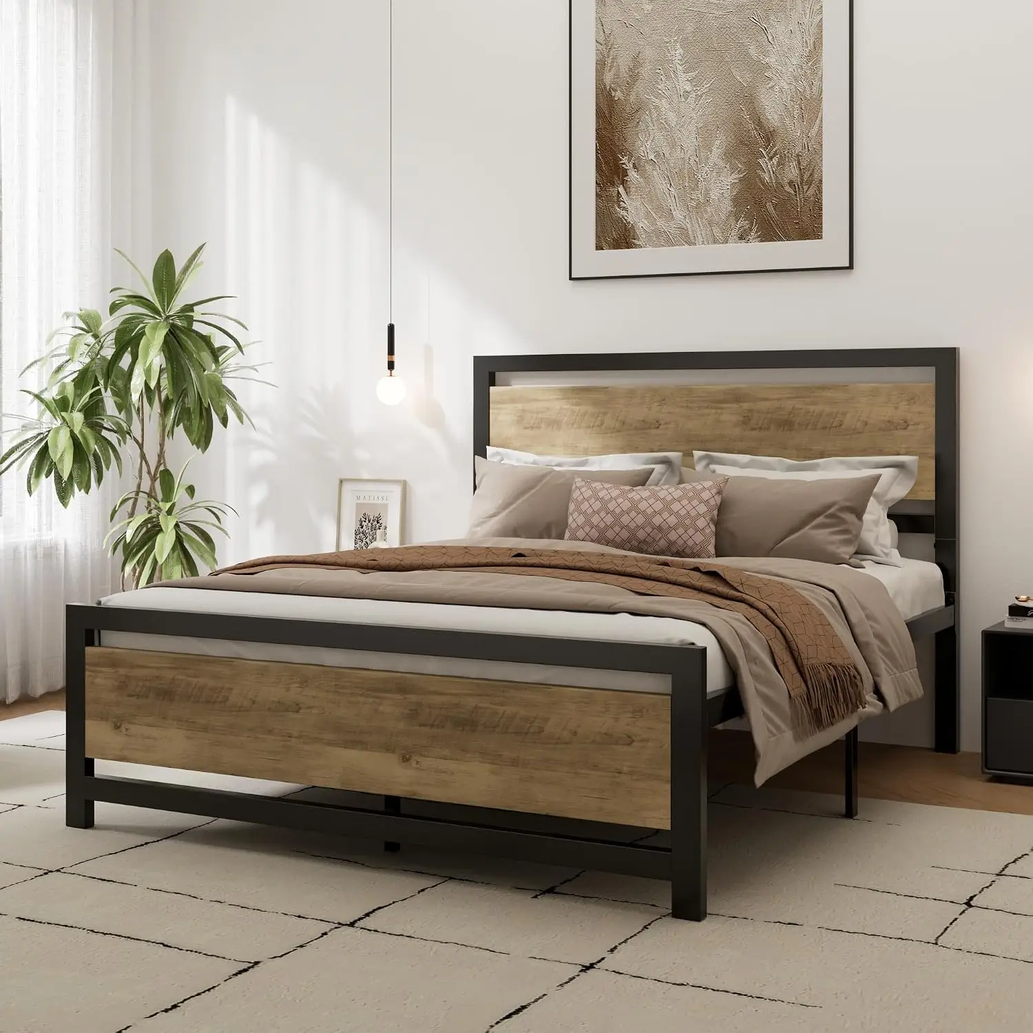 Full Size Metal Bed Frame with Modern Headboard & Footboard, Heavy Duty Platform with 13 Slats, No Box Spring, Brown, Customized