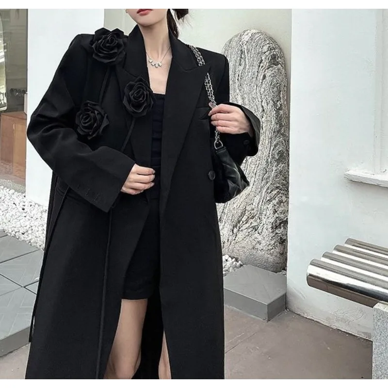 Black Long Blazer Women's Autumn and Winter New High-end Loose and Thickened Three-dimensional Flower Heavy Industry Suit Coat