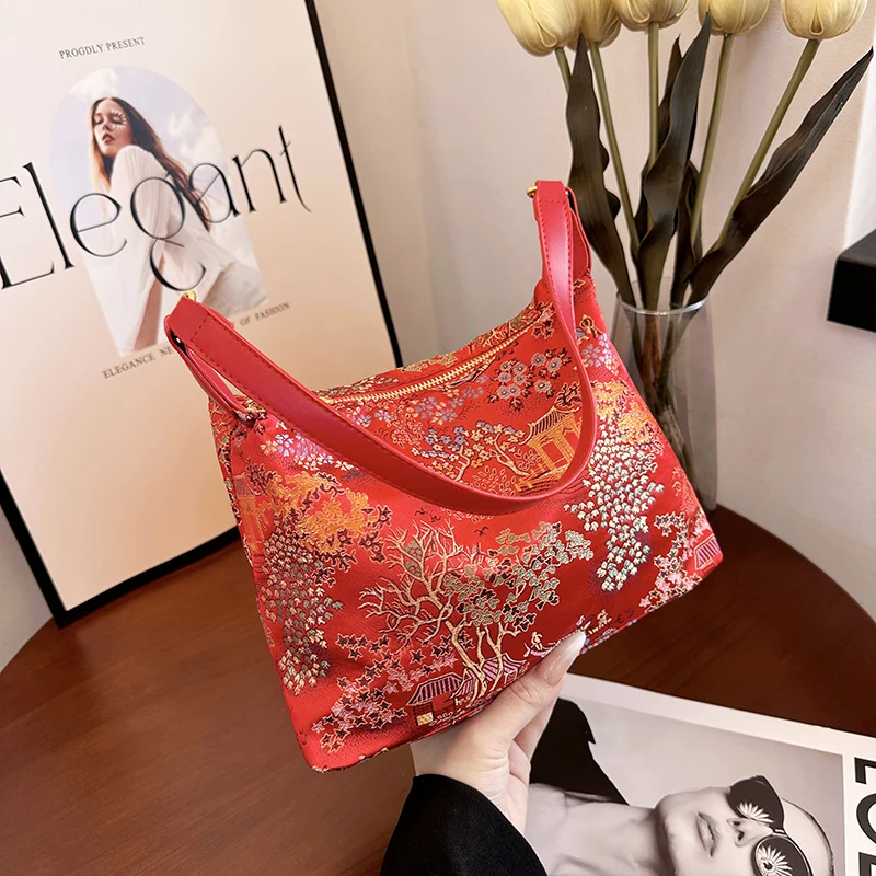 

Sense of Luxury Solid Oxford zipper Exquisite Flowers Embroidery Shoulder Bags Grace Chinese Style Women's Handbags 2025 New