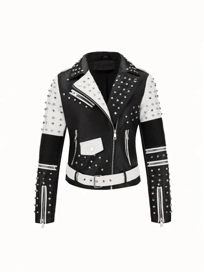 Luxury  Studded Leather Jacket, Motorcycle Slim Fit Punk Rock Women's Diamond Zipper Multi-Pocket Jacket zipper Coat Outwea