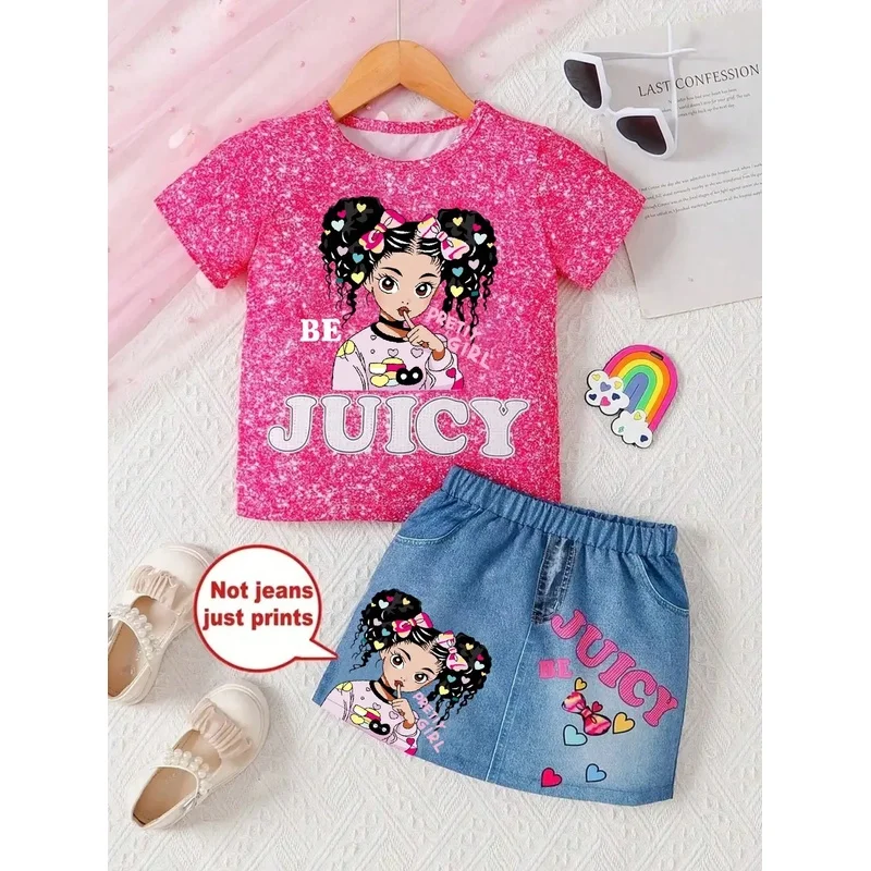 Cute Portrait Printed Short Sleeve T-Shirt And Synthetic Denim Skirt Elastic Fabric Daily Travel Suitable Outfit