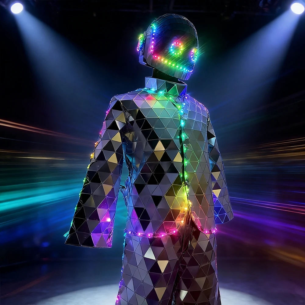 

LED Light Up Mirror Stilt Costume Full Set Glowing Helmet Reflective Suit Festival Party Performance Event Entertainment Outfit