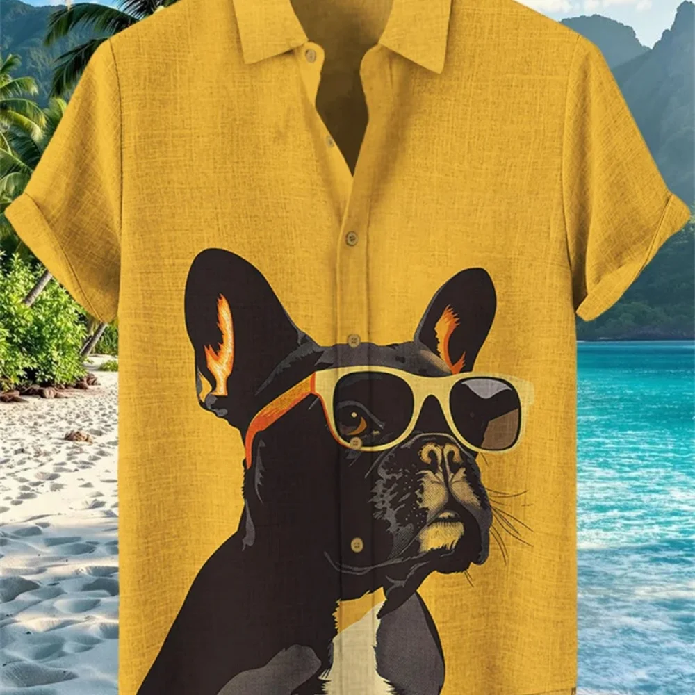 

Men's Cartoon Dog Themed Short Sleeved Shirt Classic Linen Collar Fashionable Casual Vacation Street Wear