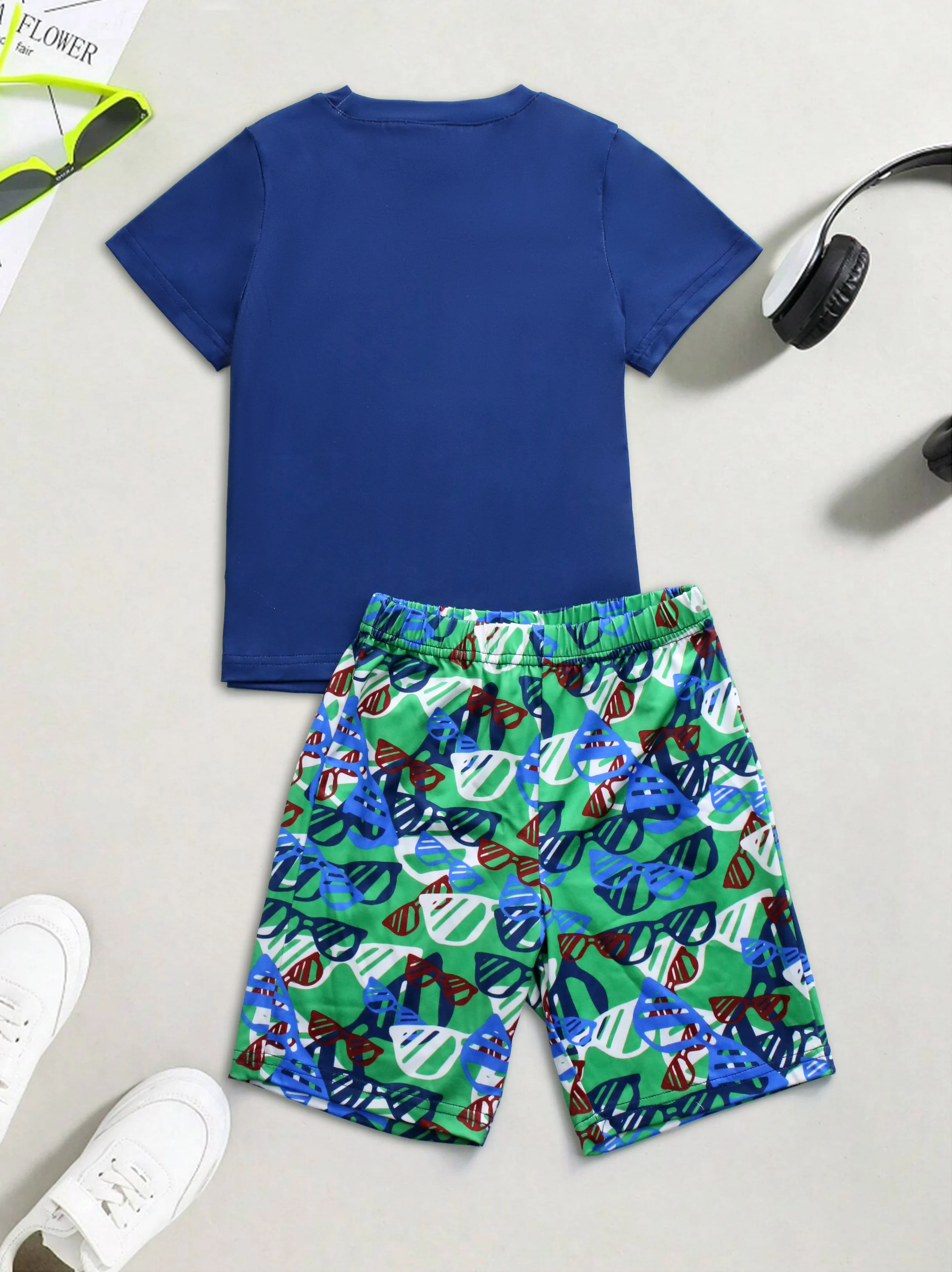 Toddler Kid Boys 2-piece Pajama Set Cool Sunglasses Print Crew Neck Short Sleeve T-shirt + Matching Shorts Comfy Loungewear