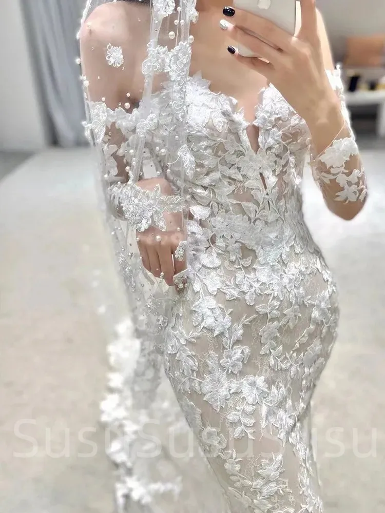 Robe de Mariée Sirène en Dentelle à Manches sulfet Dos aux, Vêtement de Style BO00-Robe, Fleurs, Cour, Traîne, Nouvelle Collection 2023