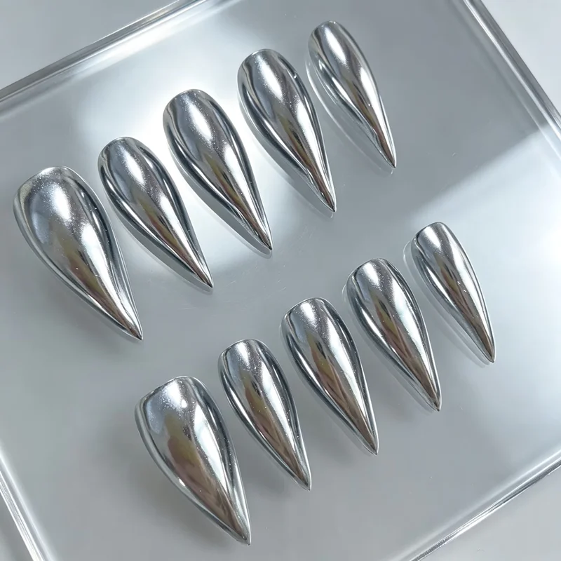 10PCS Dragon-claw Handmade Press on Nails Stiletto Sharp Chrome Silver Fake Nails Reusable Wearable Decorate False Manicure Nail