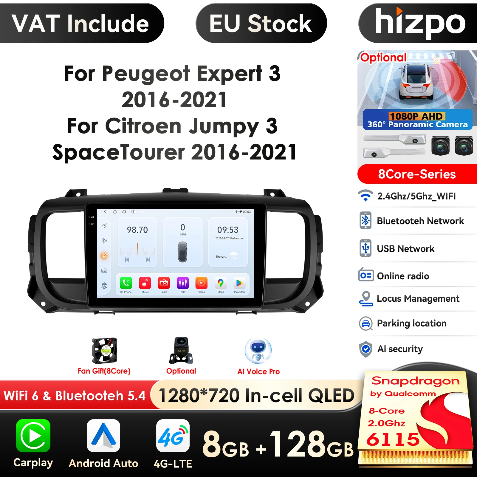 Carplay 4G 9''10.33 ''AI System 2Din Android Car Multimedia Player per Peugeot Expert 3 Citroen Jumpy 3 SpaceTourer 2016-2021 BT