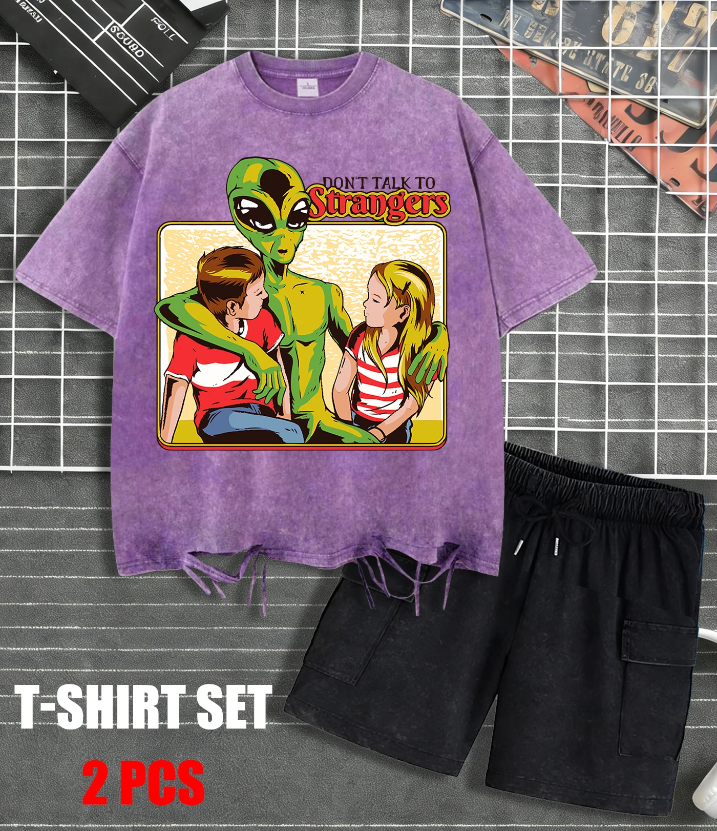 

Don'T Talk To Strangers Prints Retro T-Shirt Men Cotton Fashion T-Shirts Set Shorts O-Neck Clothing Washed Unisex Short Sleeve