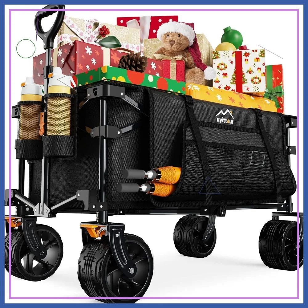 Carrinho de vagão dobrável resistente com rodas grandes, bolso lateral e freios para atividades de praia de acampamento ao ar livre