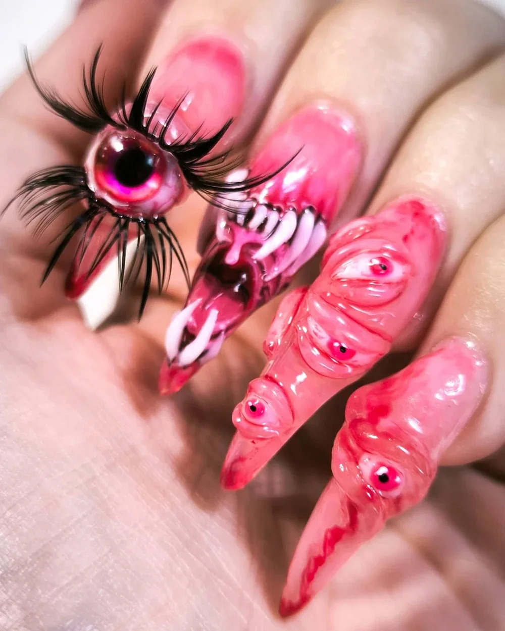 

Dark Gothic Punk Personalized Handmade Nail Art Eyeball Teeth Eyelash Red Eagle Claw Long Stiletto Press On Nail Birthday Gifts