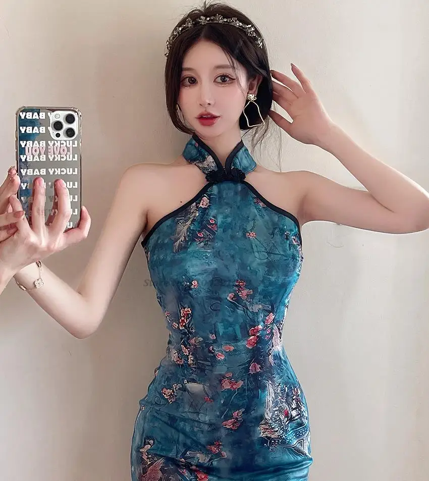 민소매 qipao 할로우 아웃 원피스 홀터 랩스커트 원피스, 동양 빈티지 원피스 개량 치파오, 국가 꽃 프린트, 2024