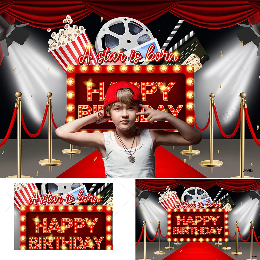 

Happy Birthday Backdrops Banner Popcorn Flash Lamp Stage Star Poster Booth Backdrops Birthday Photo Background Wall Party Decor