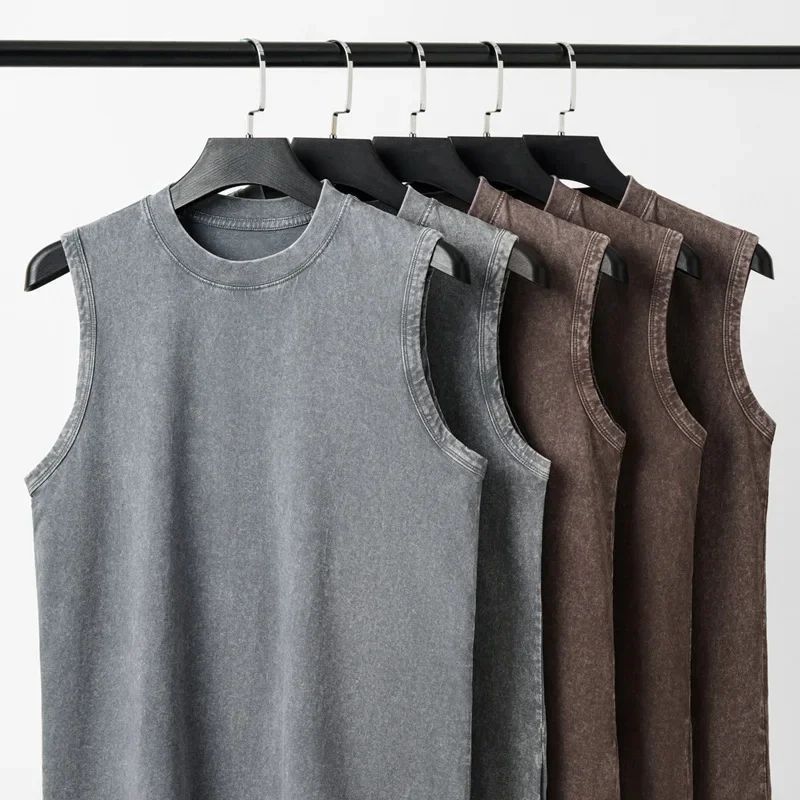 

230g Pure Cotton European and American High Street Retro Washed Distressed Sleeveless Vest Men's Casual Loose Shoulder T-shirt