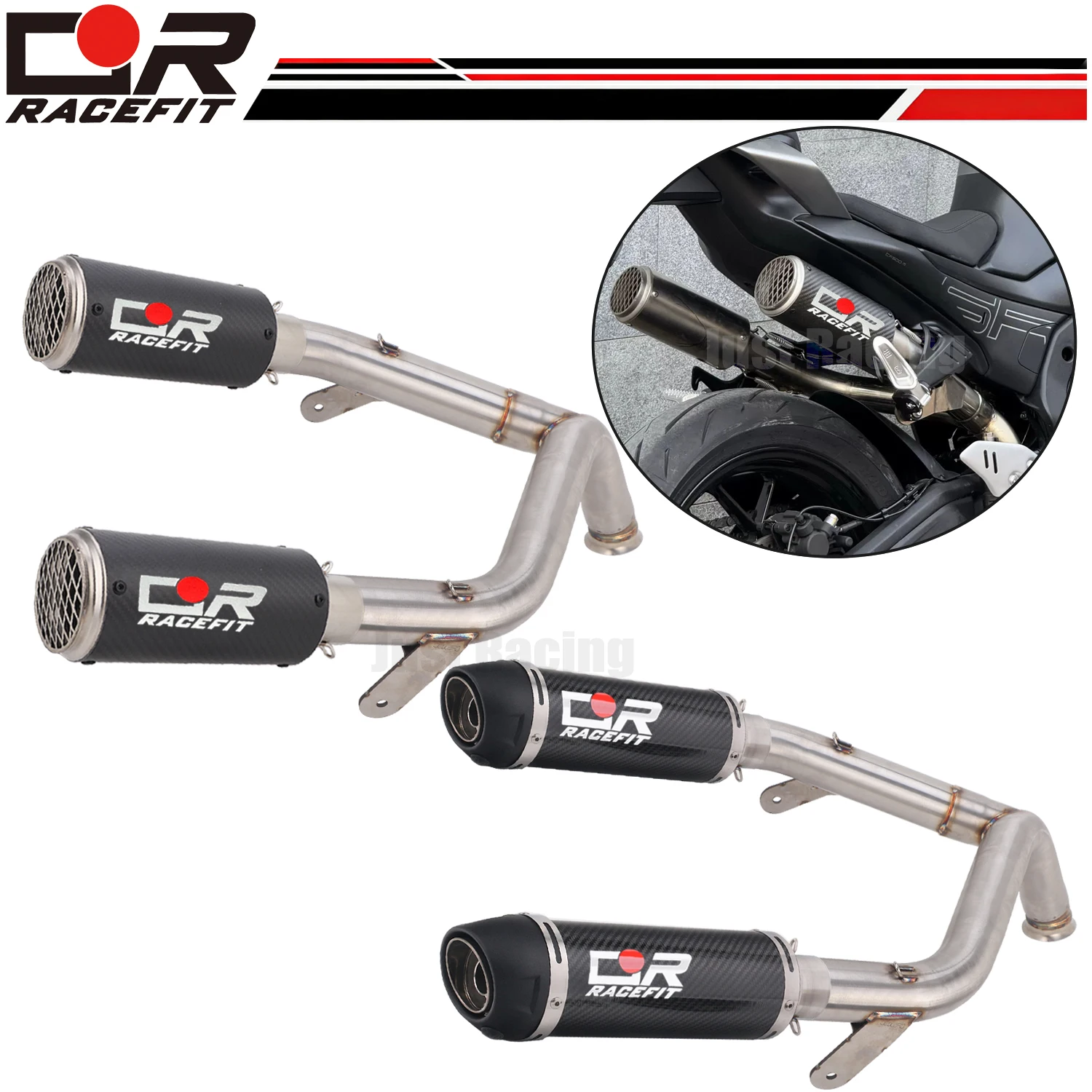 For CF Moto 500SR 500 sr Slip On 51mm Stainless Motorcycle Exhaust System Mid Link Pipe Double Outlet Carbon Muffler