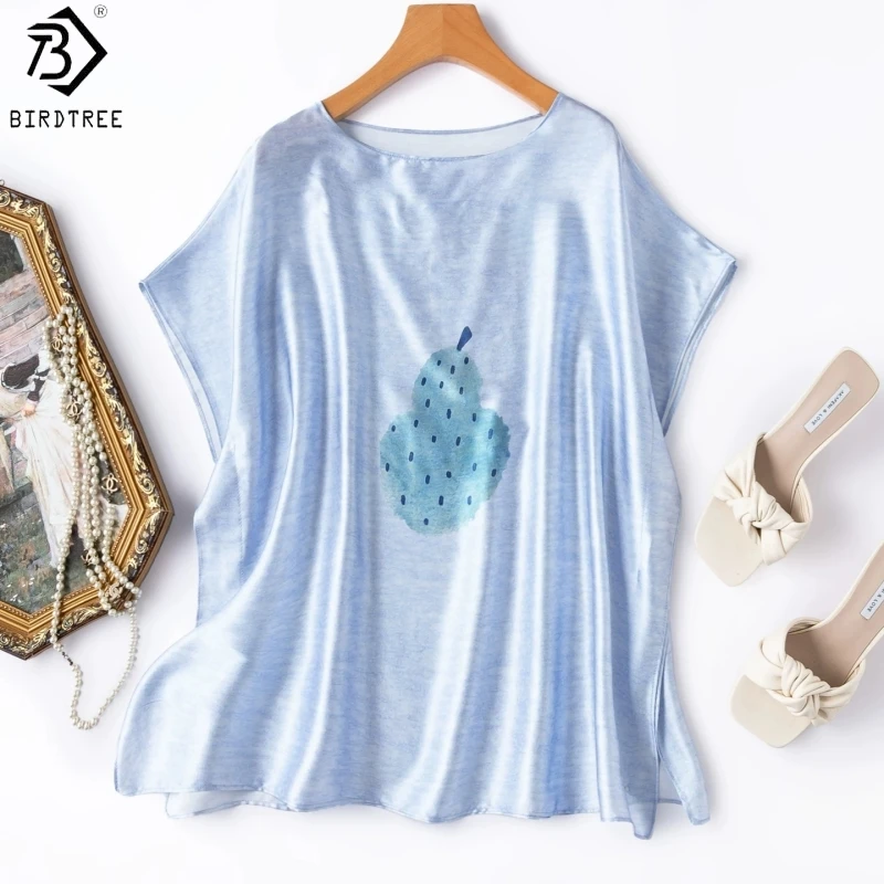 

Birdtree, 93% Silk 7% Spandex Tshirt, Slash Neck Batwing Sleeve Tops, Women Double Qiao Satin Tie-dye Shirt, 2026 New A65724JF