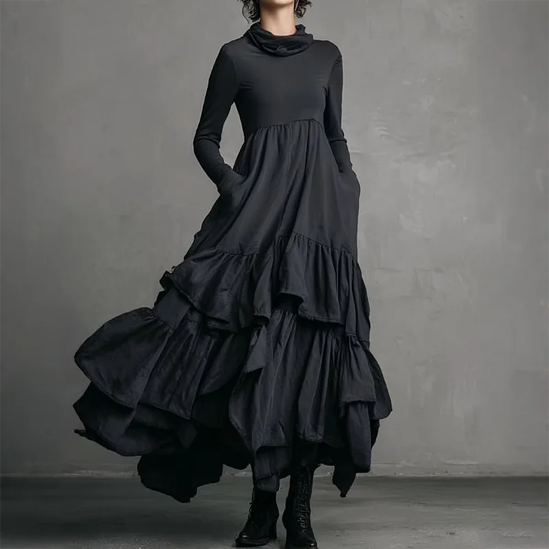 

Elegant Pleated Long Dress For Women Cowl Neck Long Sleeves Ruffle Layered A-line Dresses Fashion Fall Spring Retro Pocket Dress