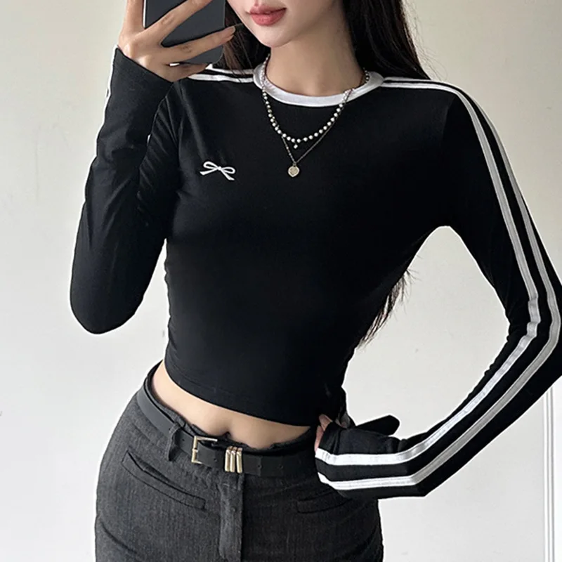 Women Summer Clothes Y2k T-shirt Cute Bow Crop Top Tshirt Casual Striped Print Long Sleeve Slim White T Shirts Streetwear Tees