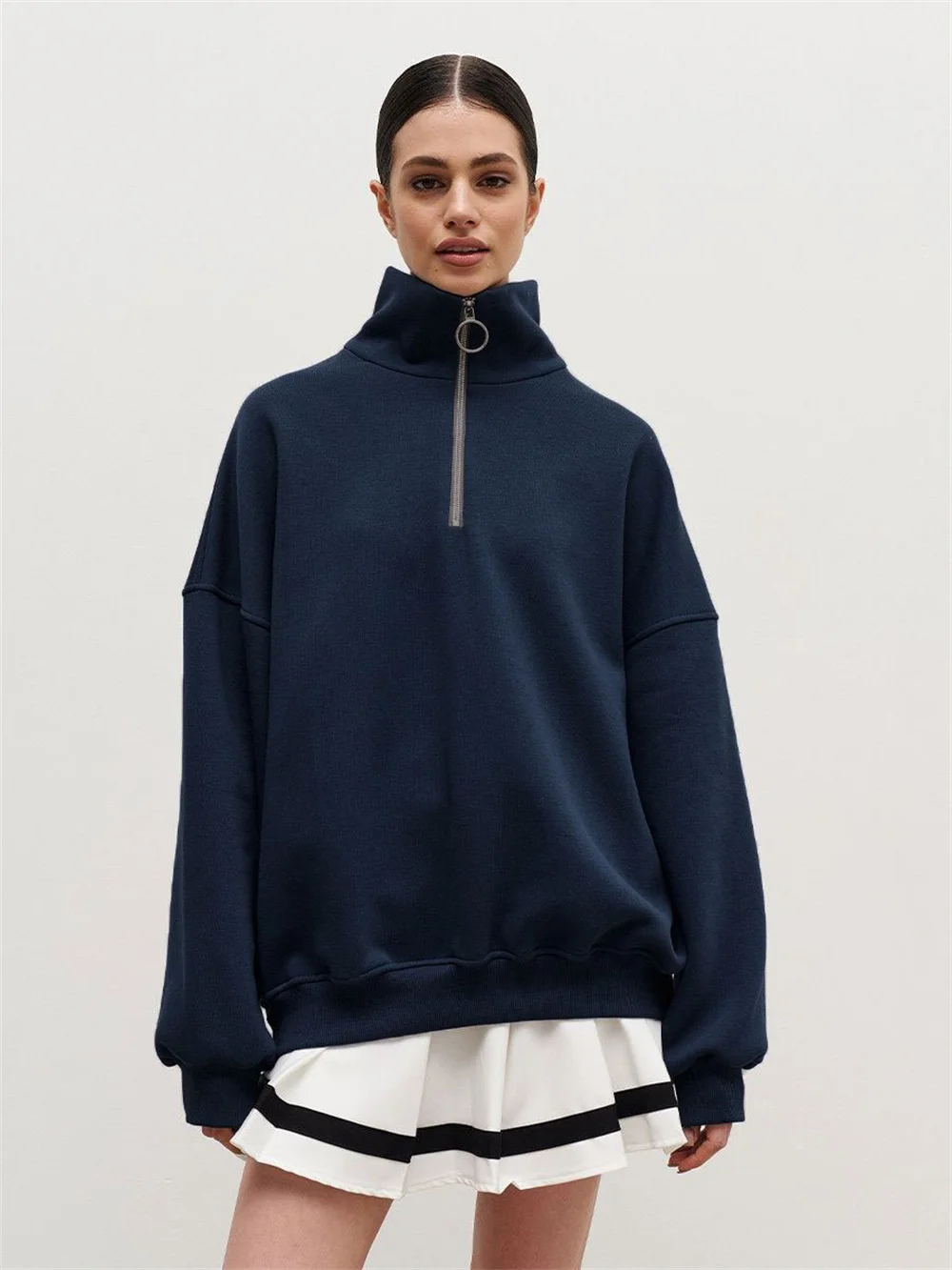 

Half Zipper Turtleneck Hoodies for Women Autumn Winter Solid Loose Turn-down Collar Pullover Girls Oversize Sweater Hoodie