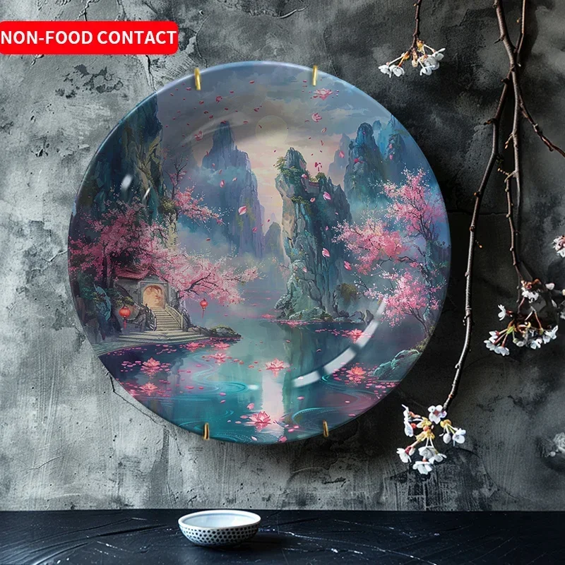 1pc Handmade Ceramic Decorative Plate Landscape Painting with River and Boat Wall Art Hanging Plate for Living Room Decor