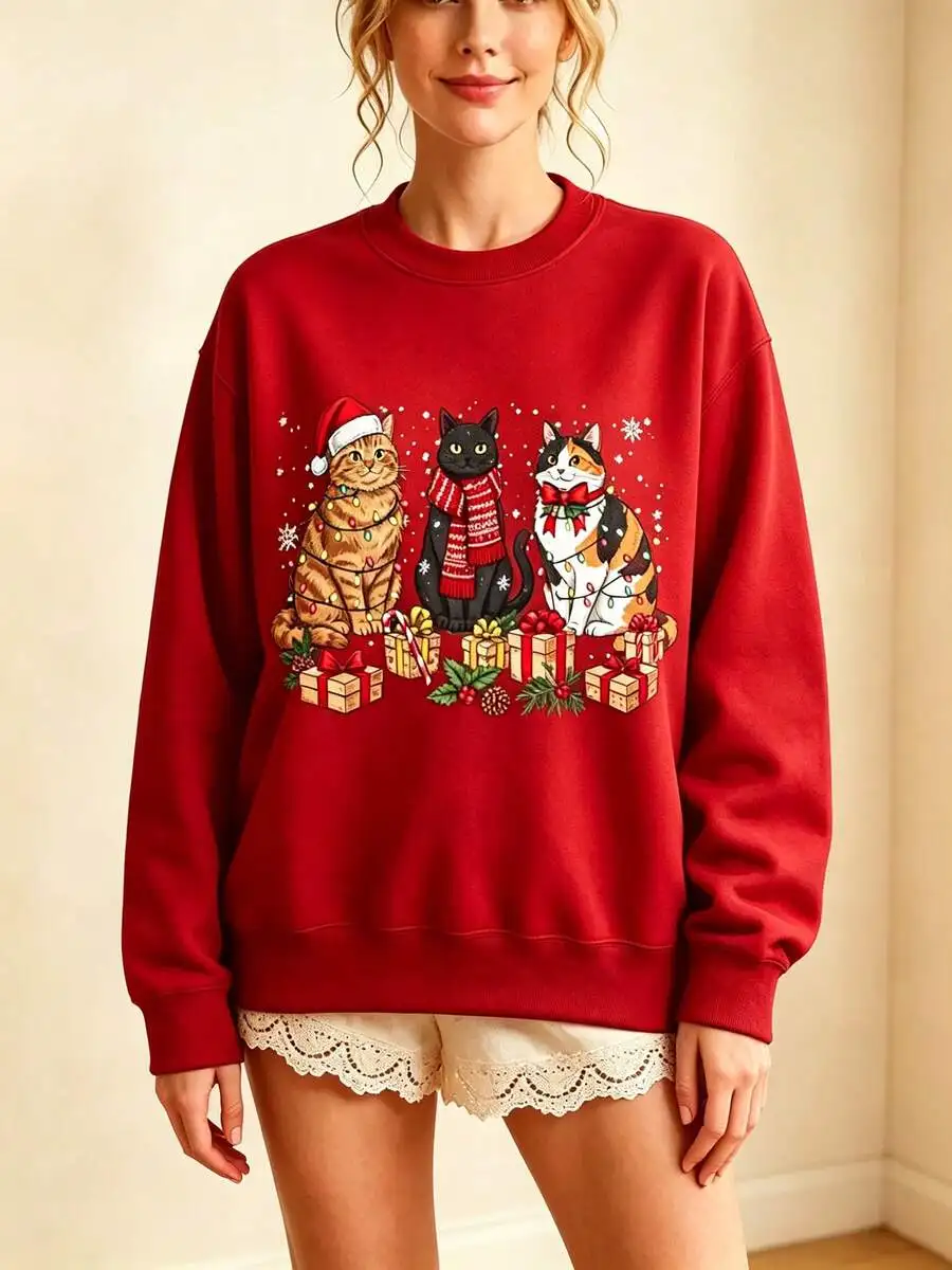 2026 Fall Winter Christmas Women Crewneck Sweatshirt Three Christmas Cats Santa Hat Scarf String Lights Gift Boxes Snowflake Casual Long Sleeve Pullover Winter Fashion Tops