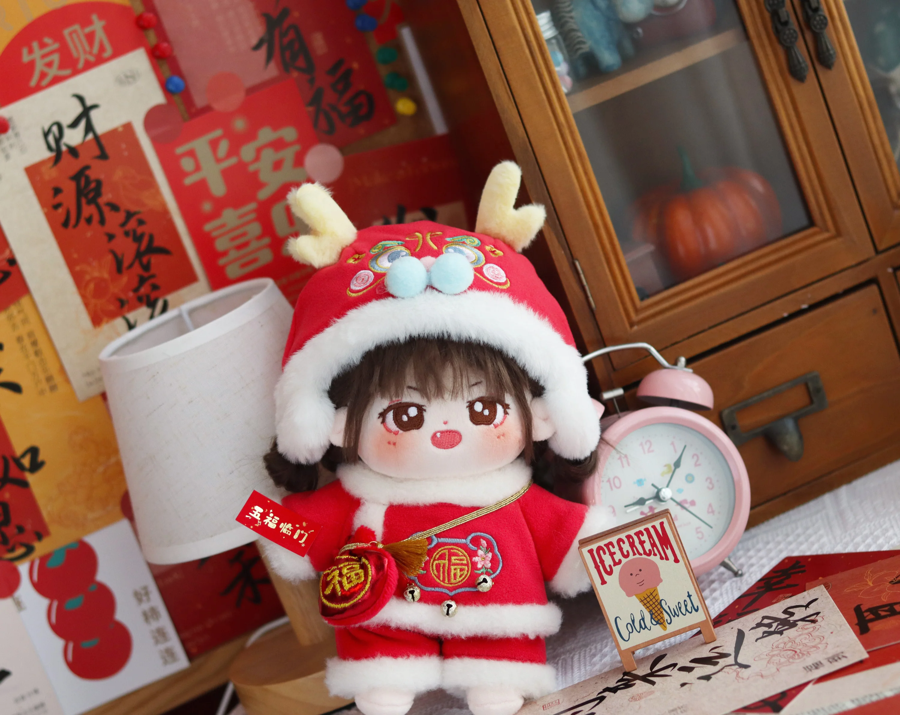 Original Cute New Year's Red Hanfu Dress Clothing Suit Boy Girl For 20cm Plush Cotton Body Chinoiserie Costume Outfit Gift