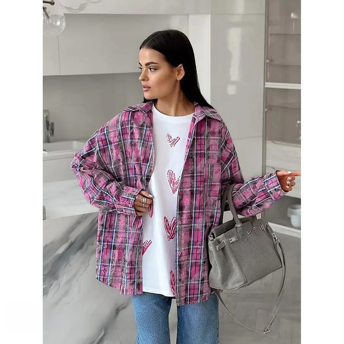 

Loose Fit Cheered irt Casual Open Cardigan Sle Long Sve Turn-down Collar Women's Premium Spring Faion Blouse