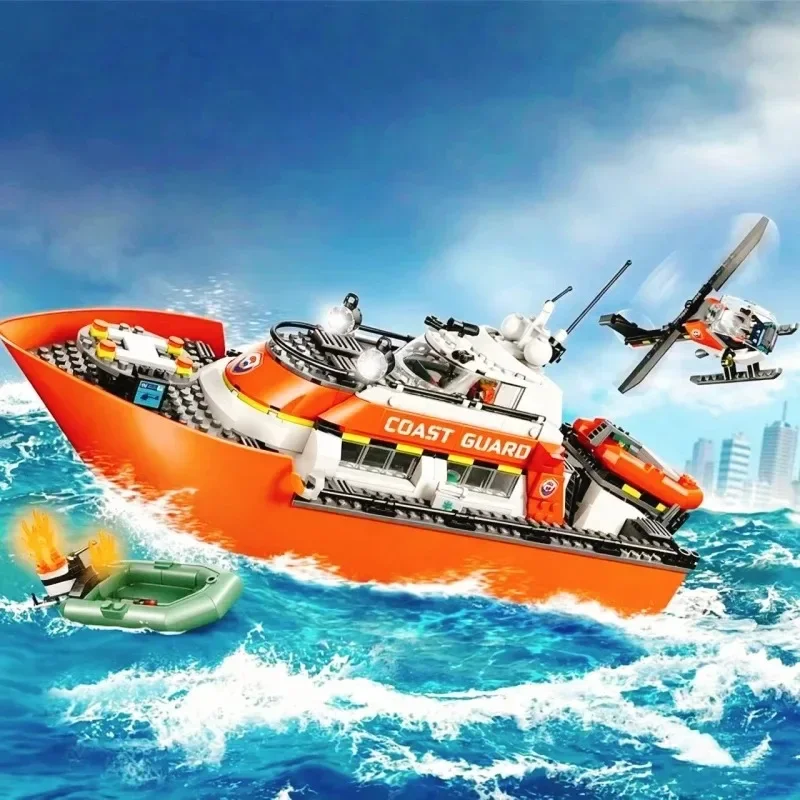 2026 new 742PCS Rescue Boat Helicopter DIY Buildable Bricks Model Bricks City Assembly Toys Christmas Birthday Gifts