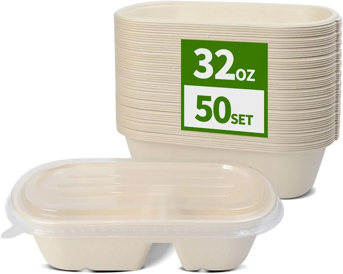 

50 Pack Large 2 Compartment Paper Bowls with Lids, Divider Food Containers Disposable for Main Dish with Sides, Chip Di