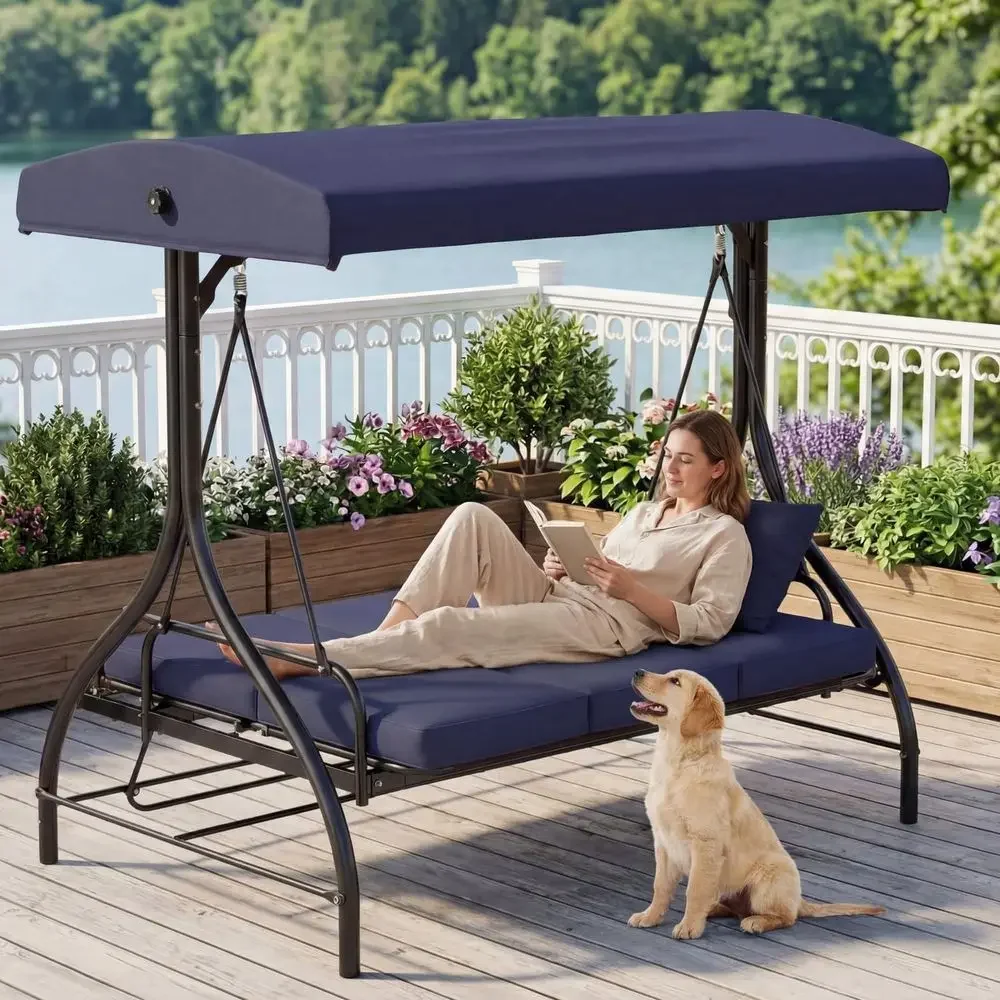 3-Person Outdoor Swing with Adjustable Backrest, Convertible Glider, Removable Cushion, Suitable for Patio, Poolside, Balcony -