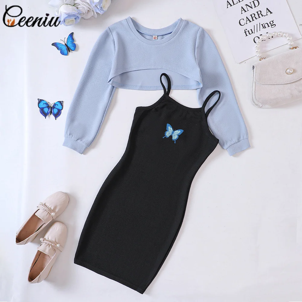 Ceeniu Spring Autumn Children Clothes Sets For Girls Blue Sweatshirt Top+Spaghetti Strap Butterfly Dresses Kids Clothes Girls