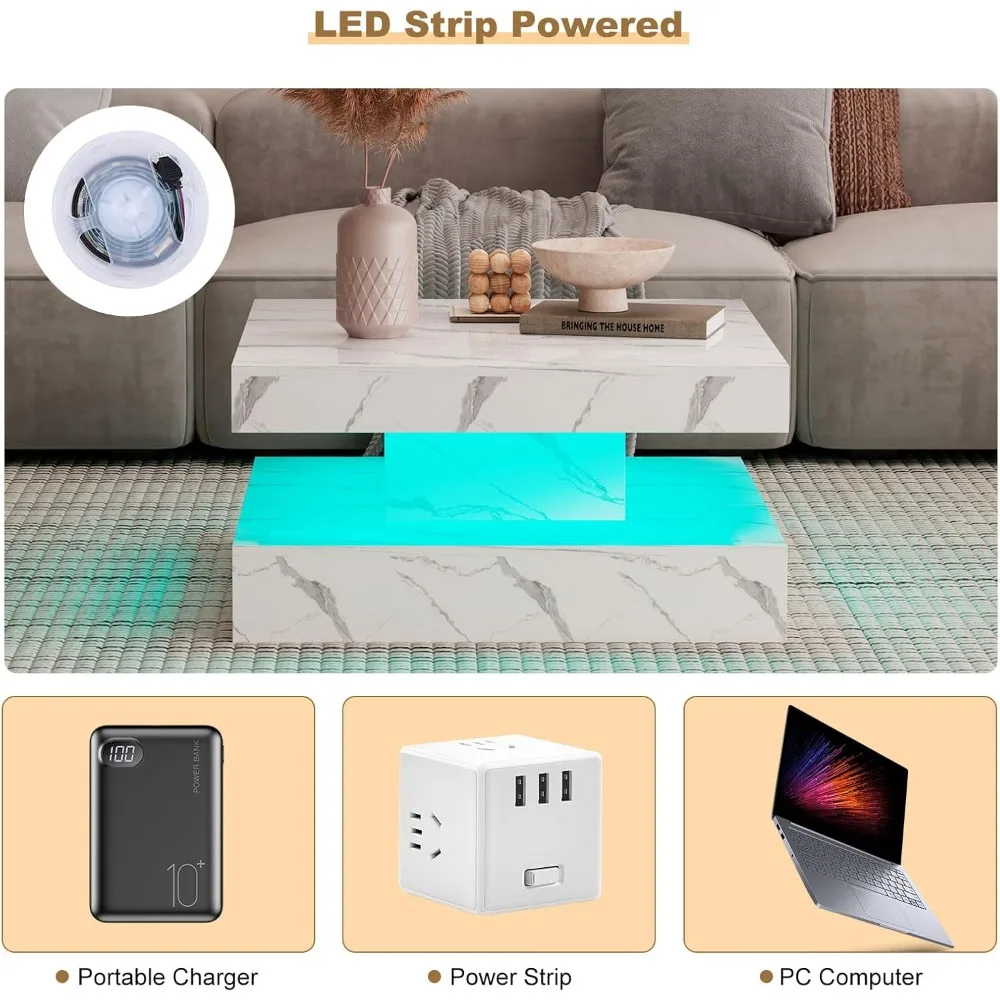 White Marble LED Coffee Table for Living Room, Living Room Table 2-Tier Square Middle Center Table, Modern Coffee Tables with