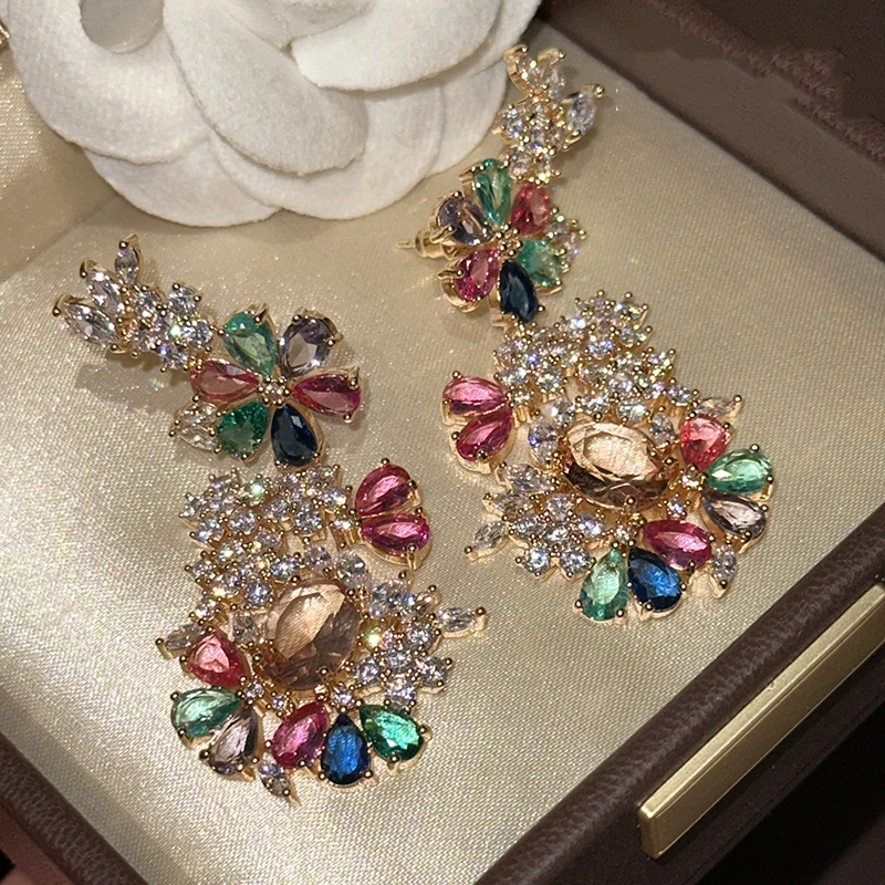 Exaggerated colorful flower cluster earrings colored zircon floral luxurious elegant ear accessory for women