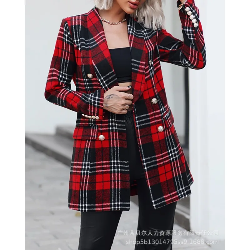 Y2K INS Clothes Autumn Winter Long Sleeve Lapel Collar Double Breasted Pocket Coat Outwear Elegant Plaid Corset Blazer Top