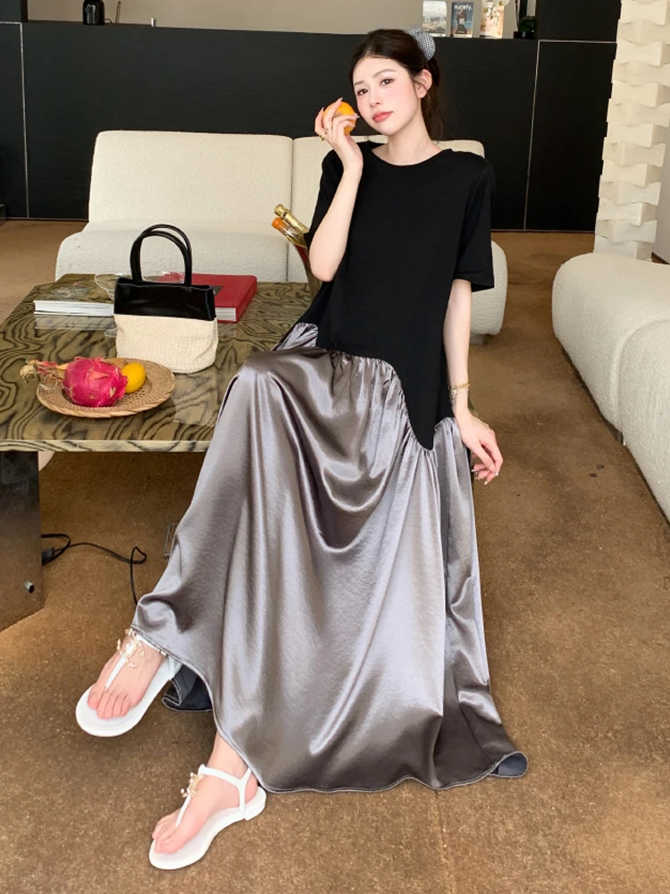 NYFS فستان صيفي 2025 كوريا نمط المرأة فضفاضة حجم كبير كم قصير المرقعة الدهون ملم فستان طويل رداء Elbise