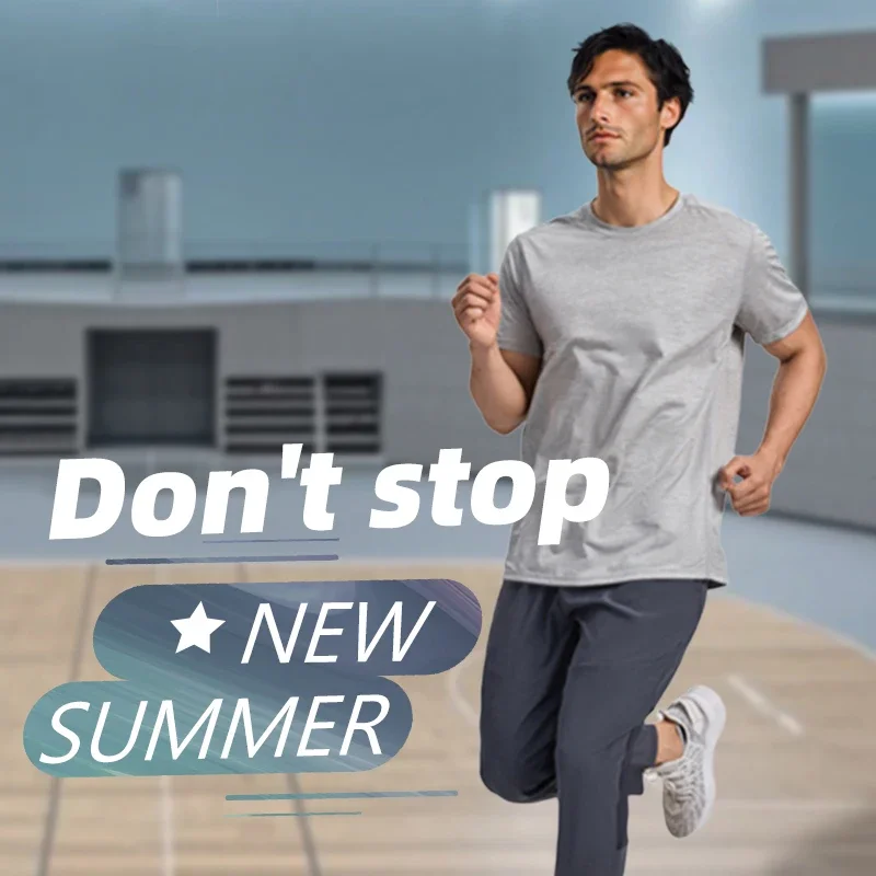 

A new 2025 sporty short-sleeved men's running and fitness top with a round neck and breathable grey T-shirt
