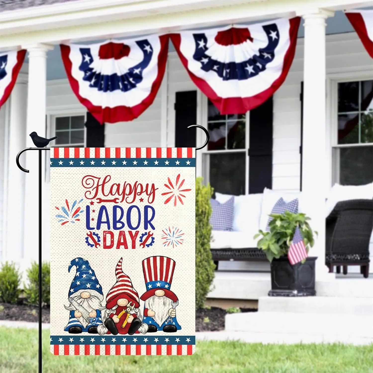 Happy Labor Day Garden Flag Three Gnome Celebrate Labor Day Double Sided Vertical Working Tools Patriotic USA Flags USA Garden Y