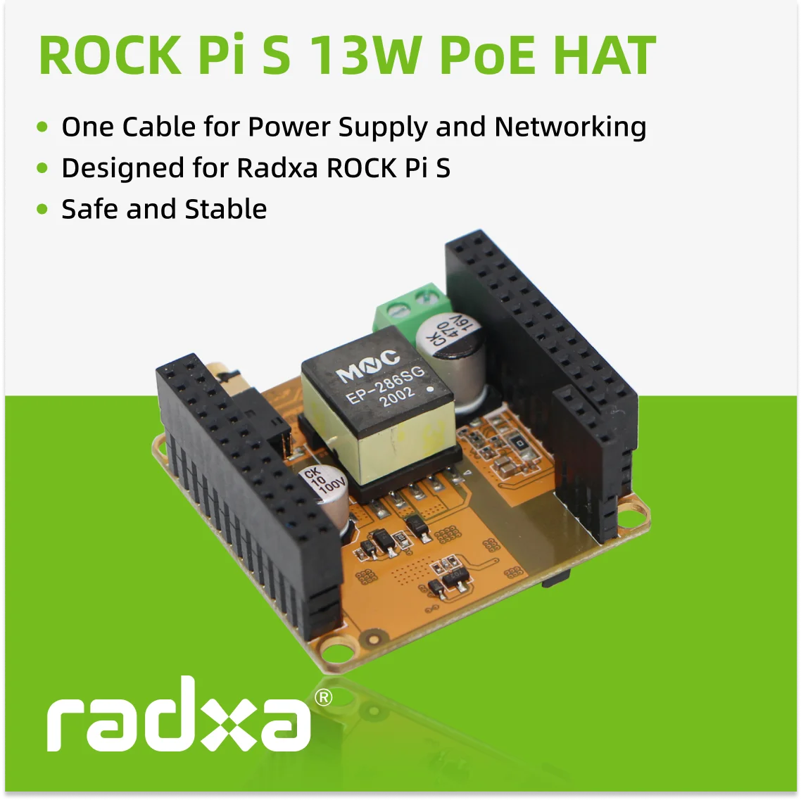 Radxa ROCK Pi S 13W P0E HAT, Designed for Radxa ROCK Pi S, Easy to Install and Remove.