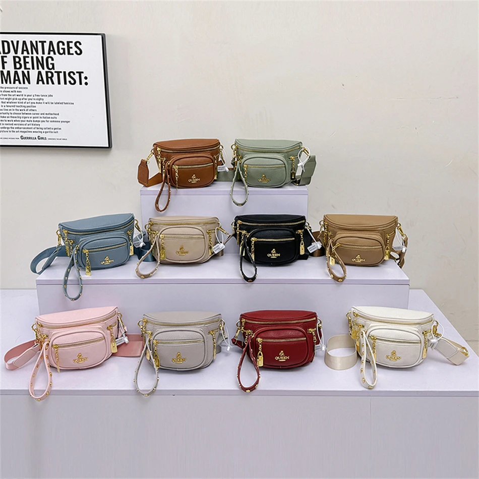 High Quality Soft Leather Crossbody Bag for Women Multi Layer Pockets Waist Bag Fashion Fanny Waist Pack Phone Purse Belt Bag