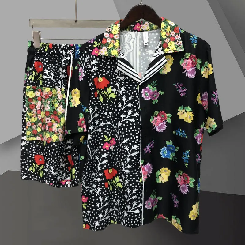 

Summer Casual Loose Short Sleeve Set Tracksuits Men Clothing Ethnic Vintage Floral Print Splicing Contrasting Colors Shirt Suit