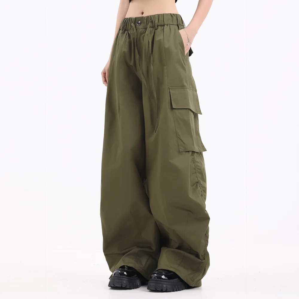 Men Multi-Pocket Workwear Wide-leg Trousers Boys Green Hip-hop Solid Color Side Pleated Loose Casual Cargo Pants Plus Size S-XXL