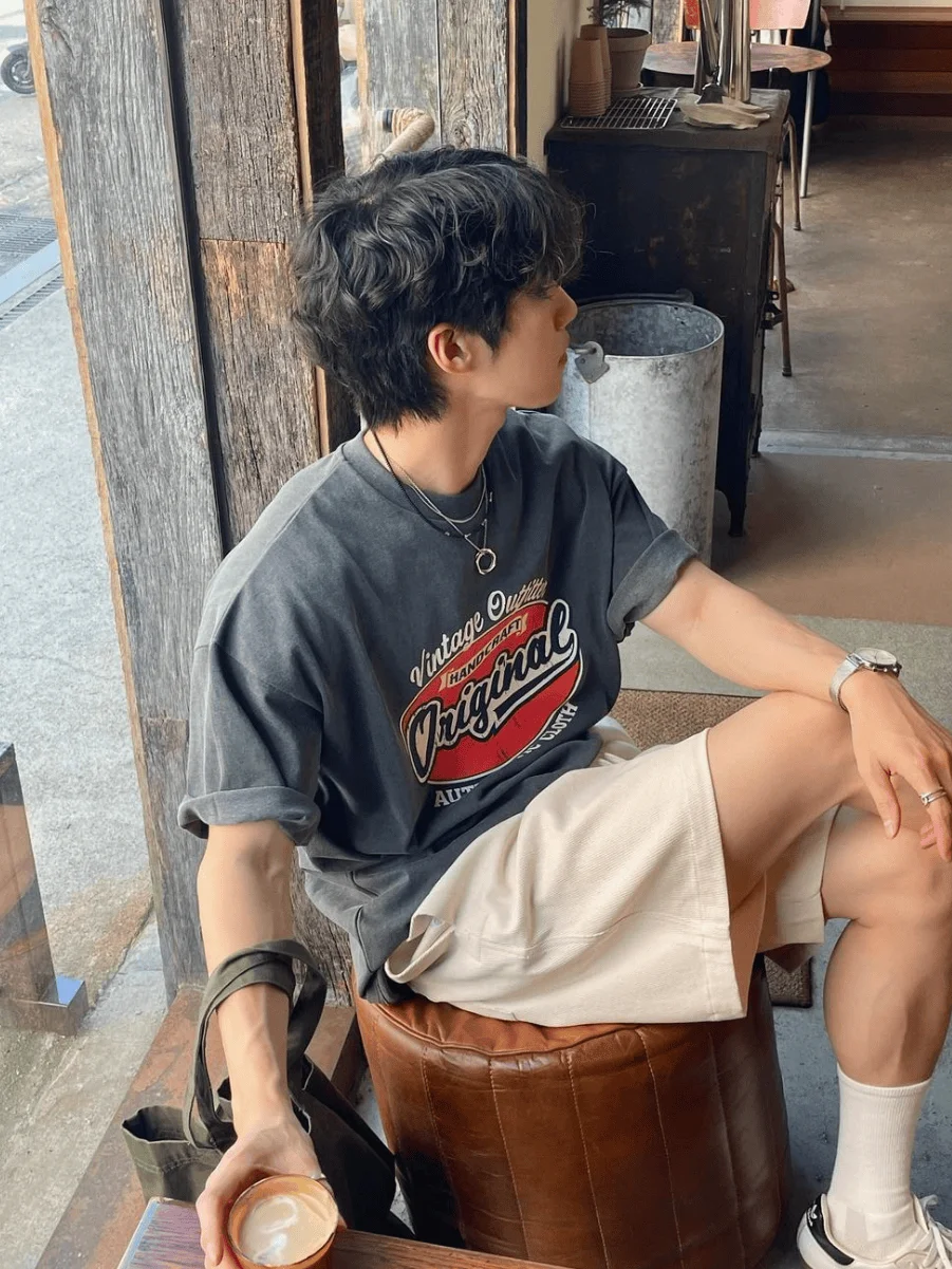 

Heavyweight Pure Cotton ort Sve T-irt ex Engli Print Retro Versatile Couple Tops Street Sle Summer Casual Wear