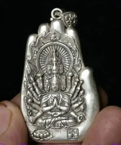 2.2Inch Old Chinese Silver Buddhist 1000-Arm Avalokiteshvara Goddess Hand Pendant