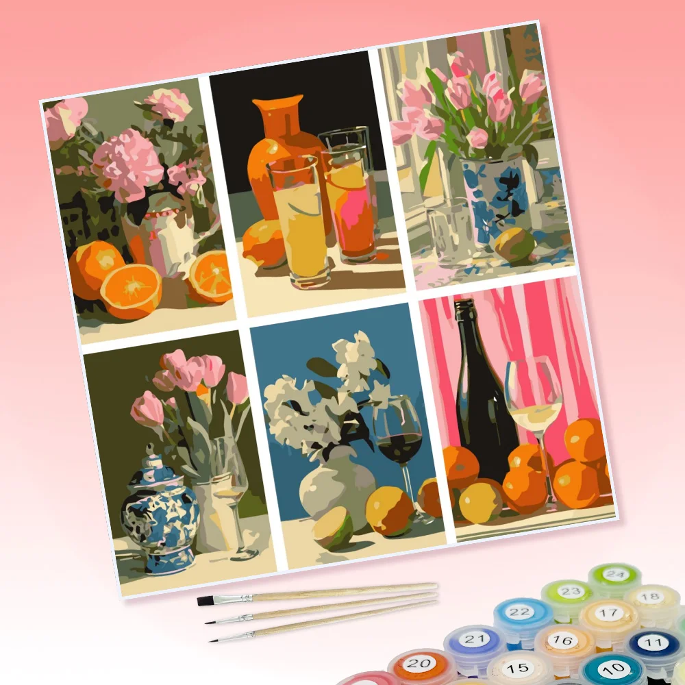 6Pcs Tulip Peony Vase Citrus Wine Glass Still Life DIY Paint by Numbers for Home Wall Decoration