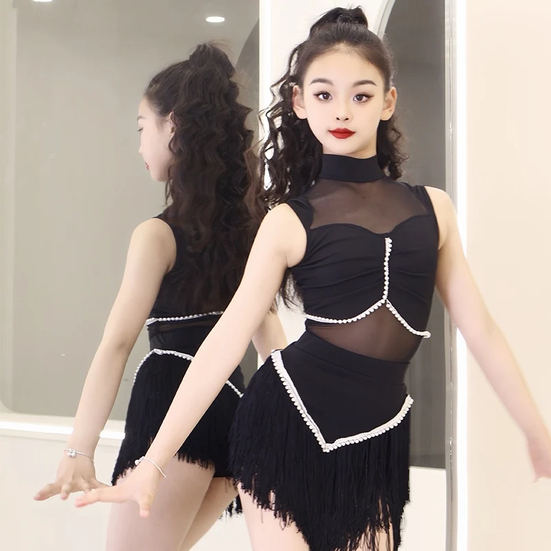 

Summer Latin Dance Dress For Kid Performance Wear Girl Samba Practice Clothes Sleeveless Show Dance Costume Tassels Skirt XH2683