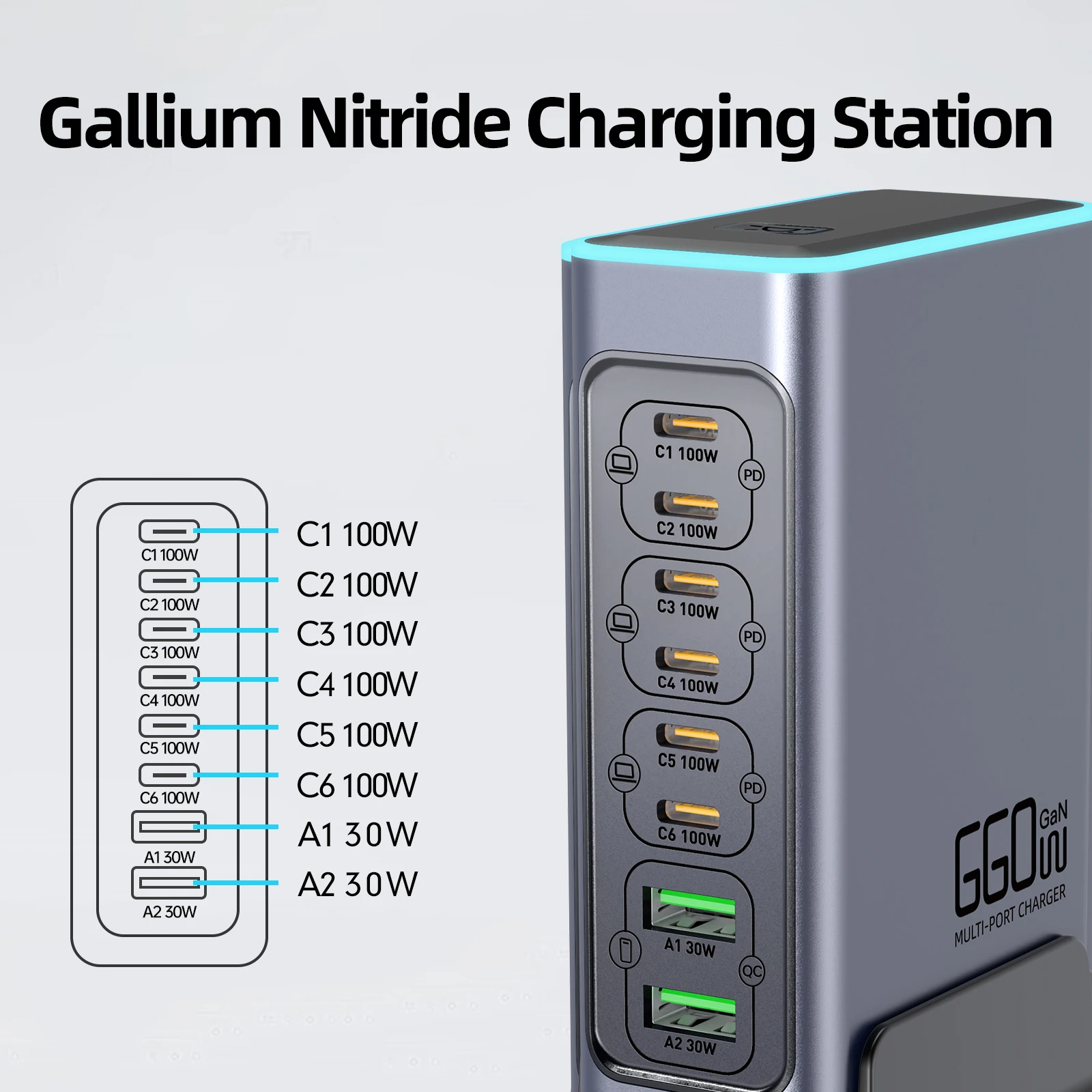 660W GaN Charger PD Fast Charging 8 Ports USB-C Desktop Station QC3.0 Multi Device for iPhone 16 Samsung Galaxy MacBook Laptop T