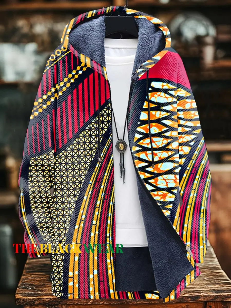 Unisex Colorful Africa Geometric Stripes Art Print Plush Long-Sleeved Cardigan Coat Fleece Lined Thick Hoodie Sweater