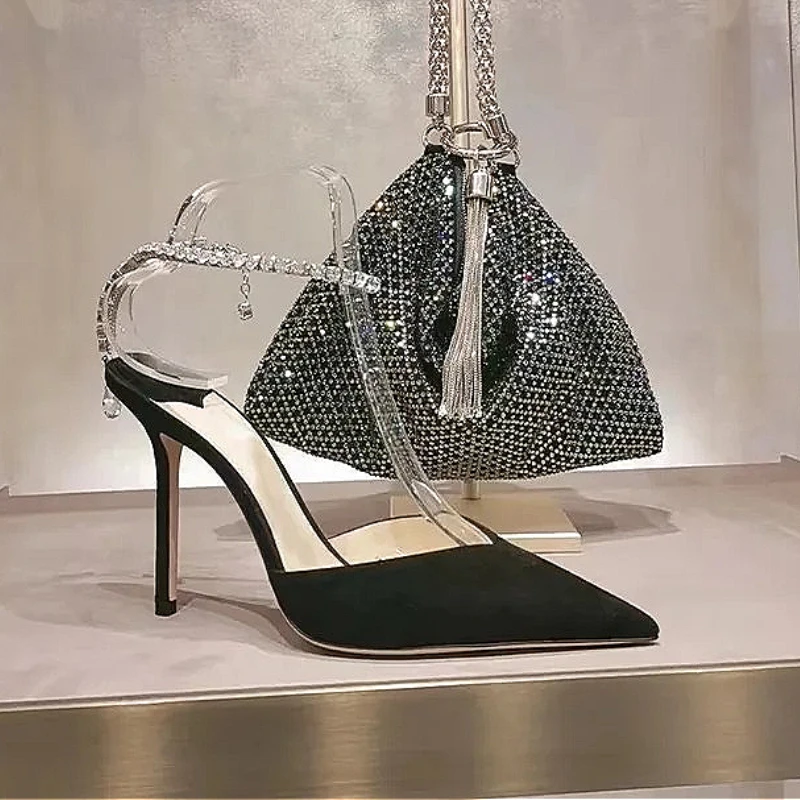 2025 New Spring/Summer Silk High Heel Crystal Pendant Water Diamond Chain Pointed Fine Heel Sexy Women's Sandals Wedding Shoes