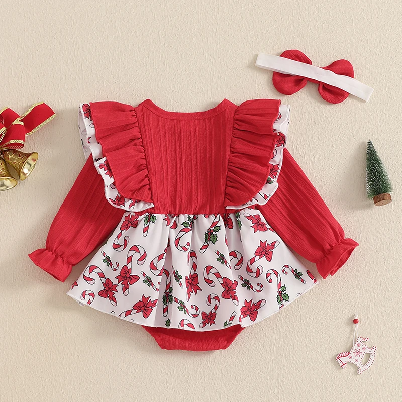 Baby Girls Christmas Outfits Ruffle Long Sleeve Bow Romper with Headband 3 Pieces Set Newborn Clothes