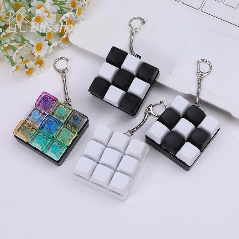 【S】Button Keycap Keychain 9 Keys Keyboard Decompression Toys DIY Keyboard Keychain Toys For Adult Gifts To Relief Pass Time